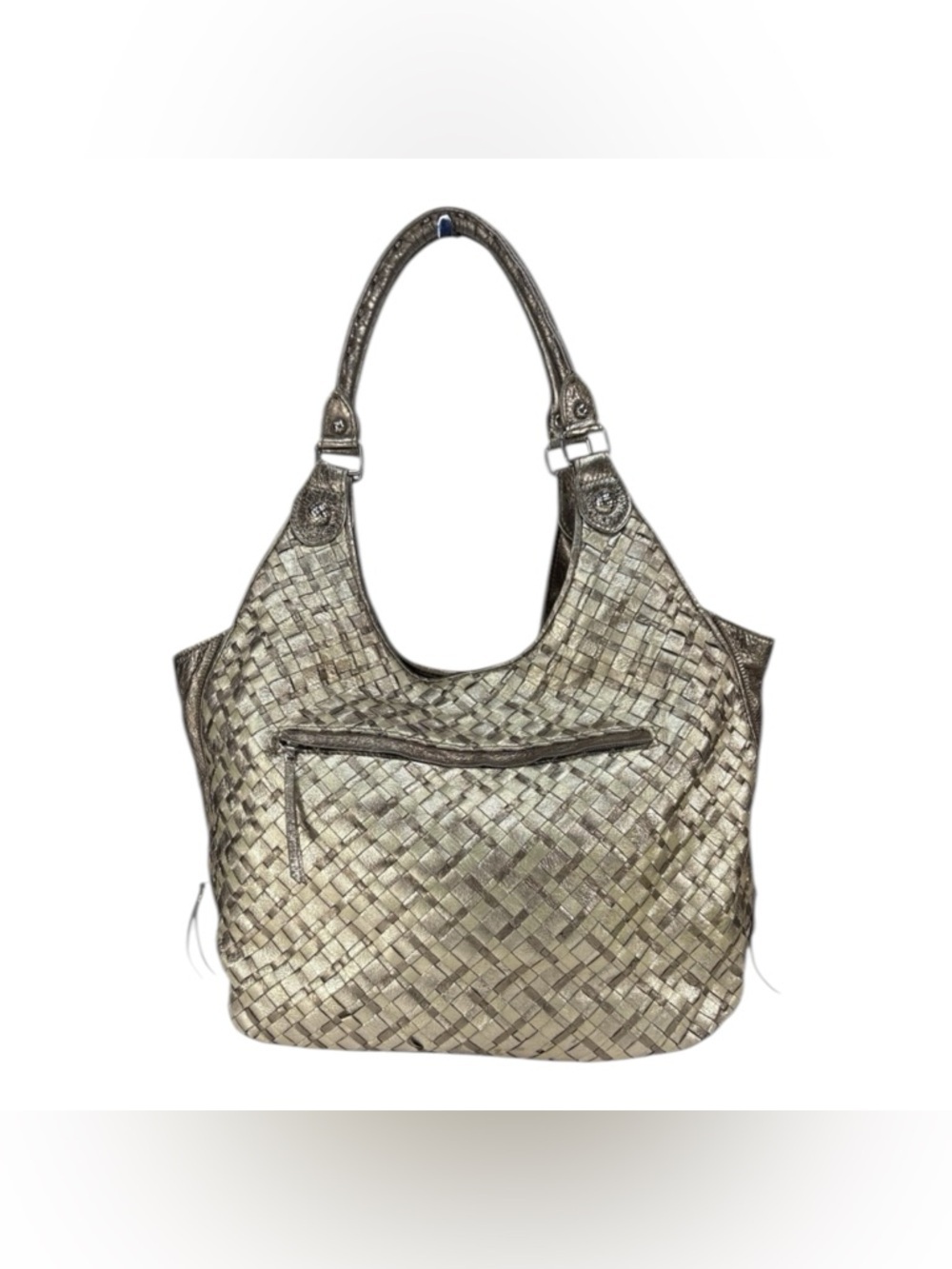 Elliott Lucca Silver Platinum Woven Leather Hobo Shoulder Bag Expandable Sides